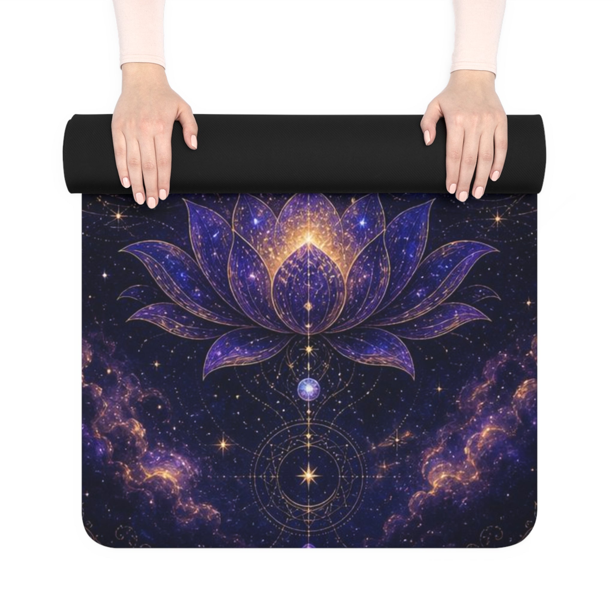 Cosmic Chakra Meditation Rubber Yoga Mat | Lotus Galaxy Pose Printify