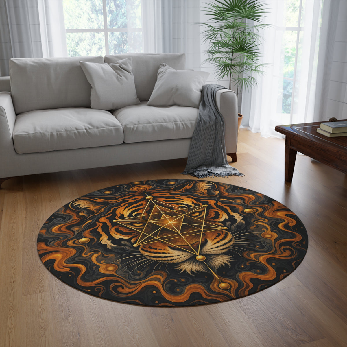 Geometric Tiger Mandala Round Rug | Mystical Animal Boho Décor Printify