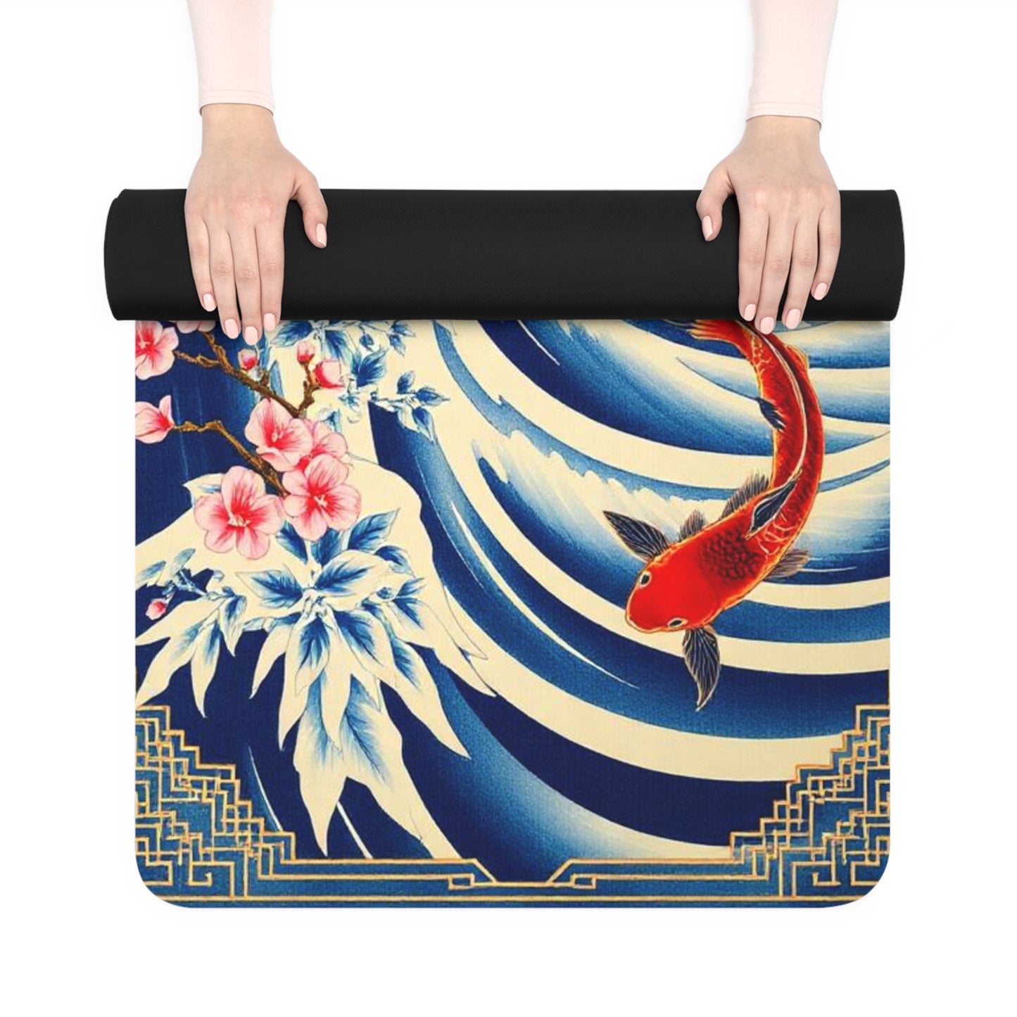 Koi Wave Print Rubber Yoga Mat | Japanese Wave, Cherry Blossoms - Best Yoga Mats for Home Workouts