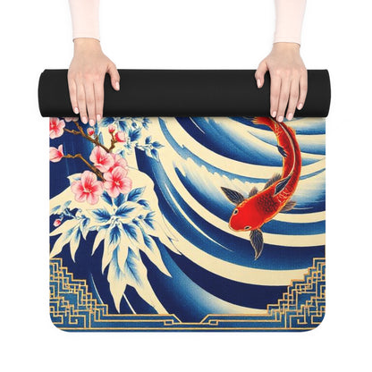 Koi Wave Print Rubber Yoga Mat | Japanese Wave, Cherry Blossoms - Best Yoga Mats for Home Workouts