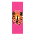 Sunset Yoga Pose Rubber Yoga Mat | Tropical Palm Hibiscus Design Printify