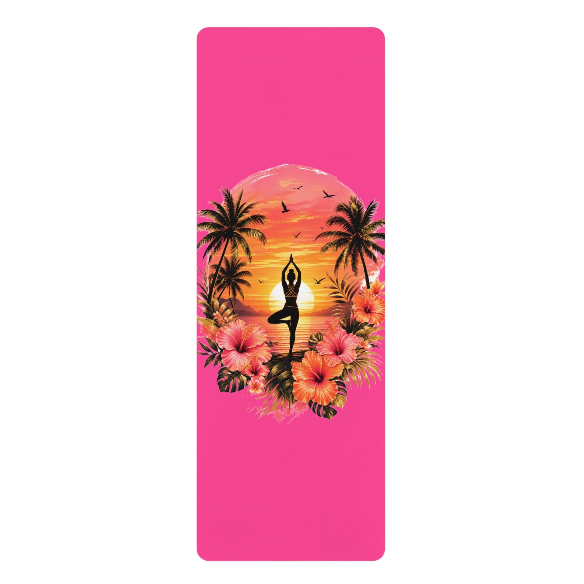 Sunset Yoga Pose Rubber Yoga Mat | Tropical Palm Hibiscus Design - Best Yoga Mats for Home Workouts