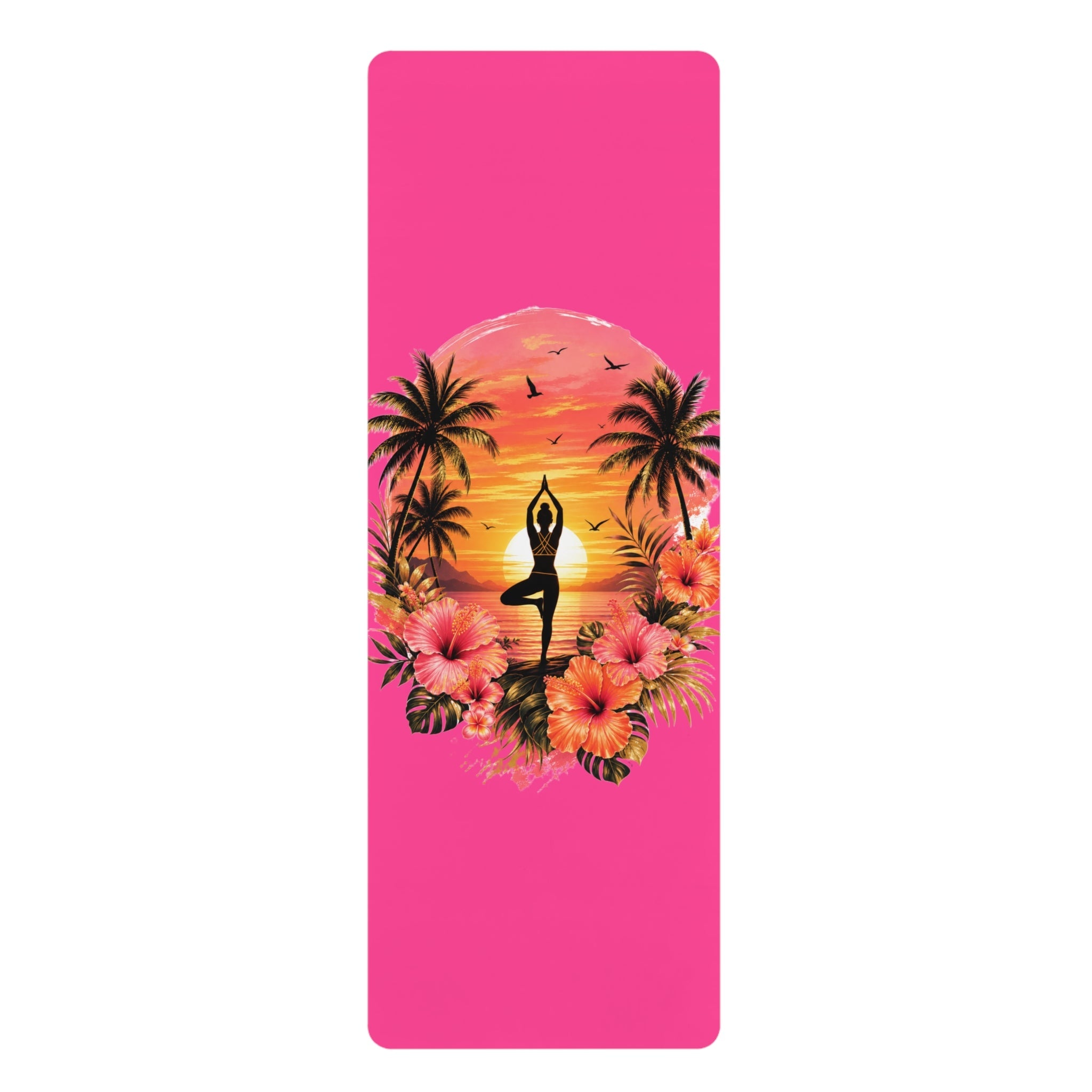 Sunset Yoga Pose Rubber Yoga Mat | Tropical Palm Hibiscus Design Printify
