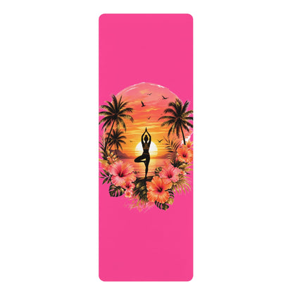 Sunset Yoga Pose Rubber Yoga Mat | Tropical Palm Hibiscus Design - Best Yoga Mats for Home Workouts