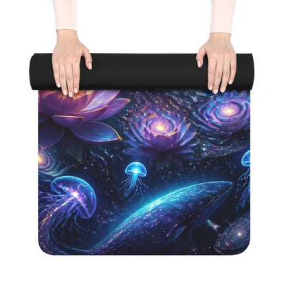 Meditation Moonlight Scene Rubber Yoga Mat | Cosmic Lotus, Ocean Waves Printify