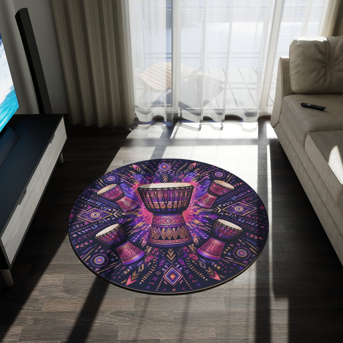 Tribal Djembe Drum Round Rug | Boho Music Mandala Floor Mat Printify
