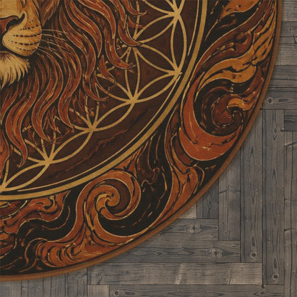 Lion Mandala Round Rug | Boho Zodiac Decor, Earth Tone Lion Face Printify