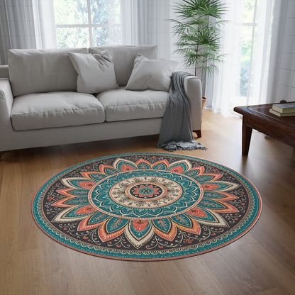 Boho Mandala Round Rug | Teal Coral Floral Medallion Floor Mat Printify