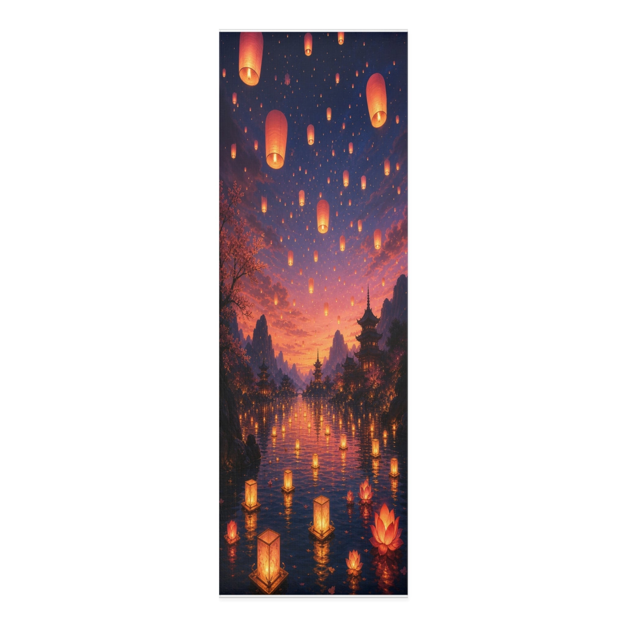 Floating Lanterns Skyline Foam Yoga Mat | Sunset Lantern Festival Scene Printify