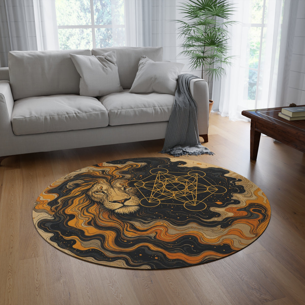 Lion with Sacred Geometry Round Rug | Astrological Boho Home Decor Printify