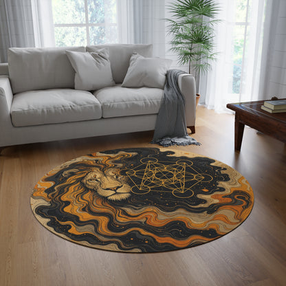 Lion with Sacred Geometry Round Rug | Astrological Boho Home Decor Printify