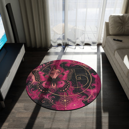 Pink Butterfly Fibonacci Round Rug | Mystic Floral Geometric Accent Printify