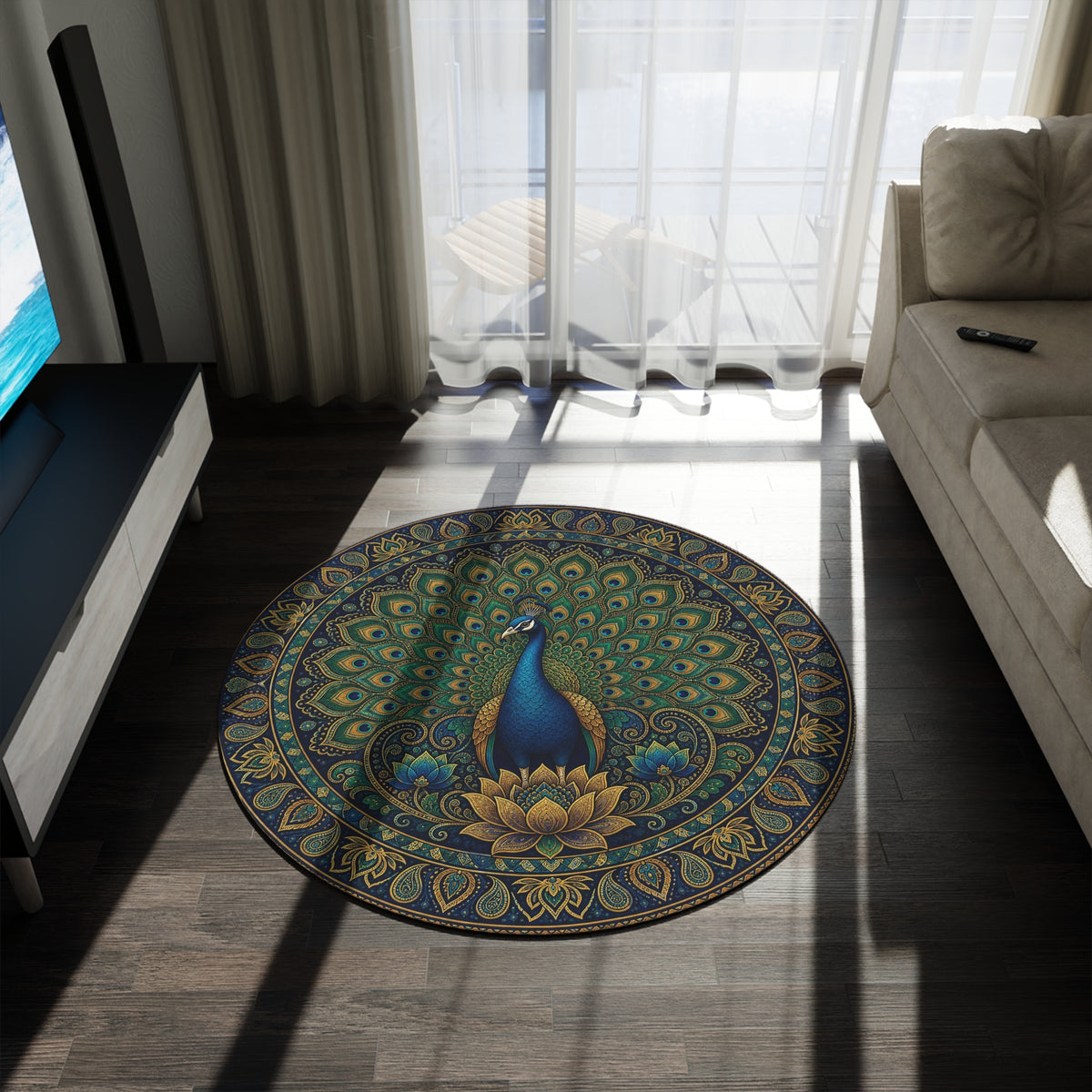 Peacock Mandala Round Rug | Boho Peacock Decorative Rug | Living Room Gift Printify