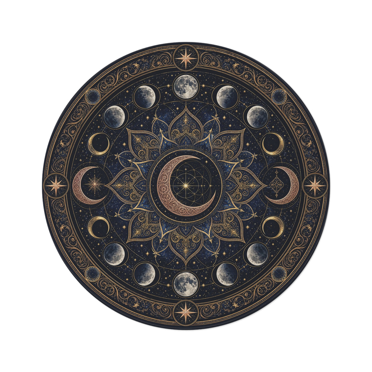 Celestial Moon Phase Mandala Round Rug | Astral Cosmic Boho Floor Mat Printify