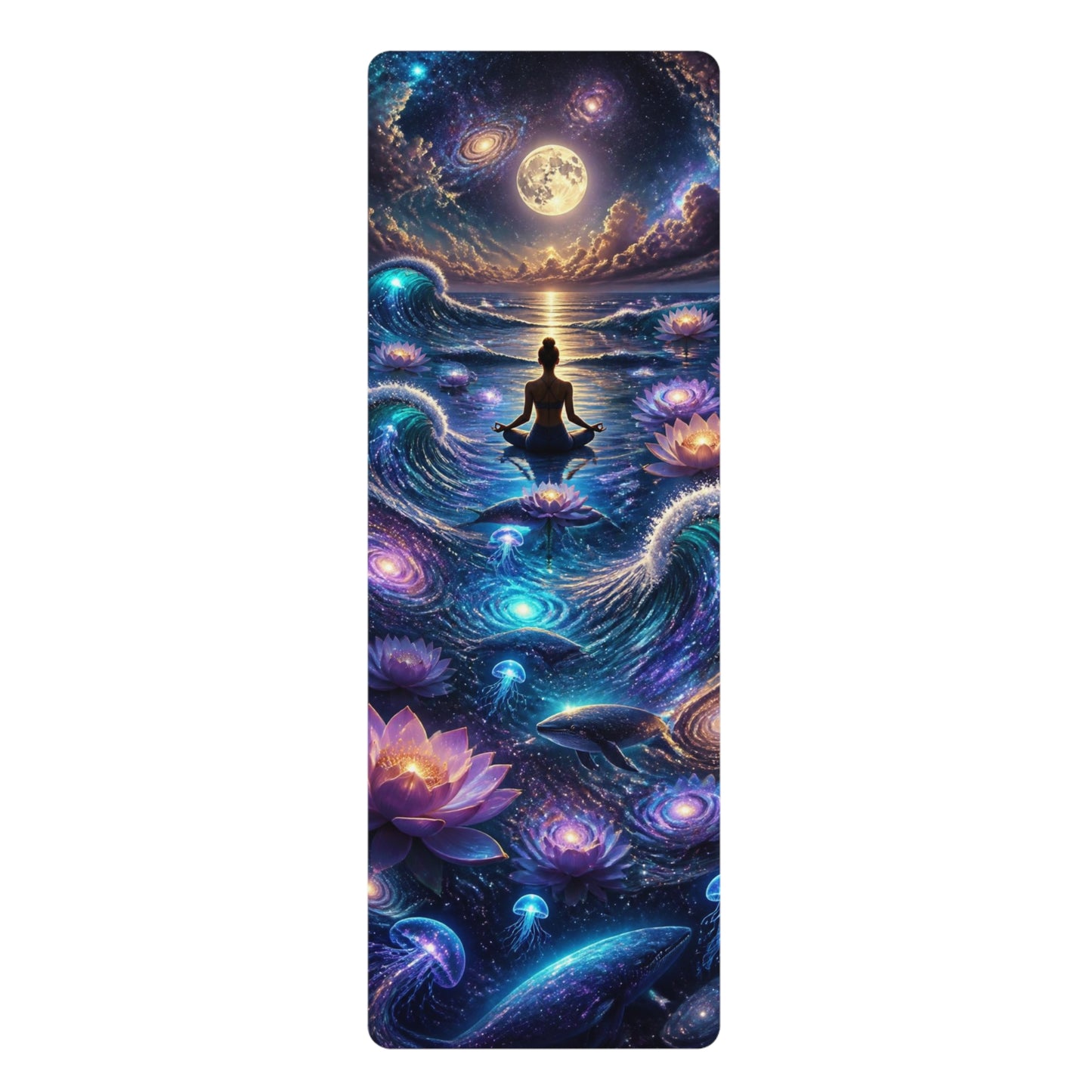 Meditation Moonlight Scene Rubber Yoga Mat | Cosmic Lotus, Ocean Waves Printify