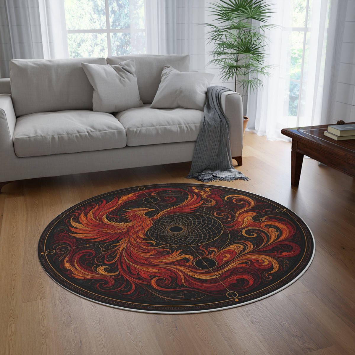 Fiery Phoenix Mandala Round Rug | Mystical Boho Home Décor Printify