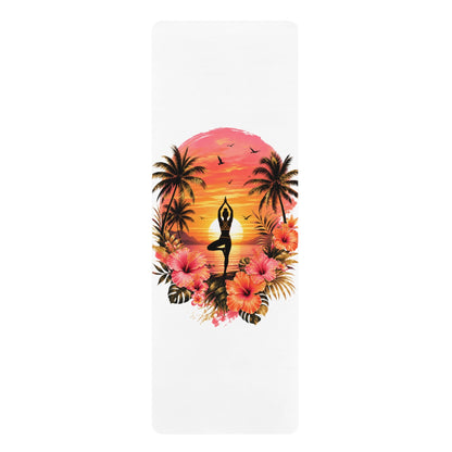 Sunset Yoga Pose Rubber Yoga Mat | Tropical Palm Hibiscus Design - Best Yoga Mats for Home Workouts