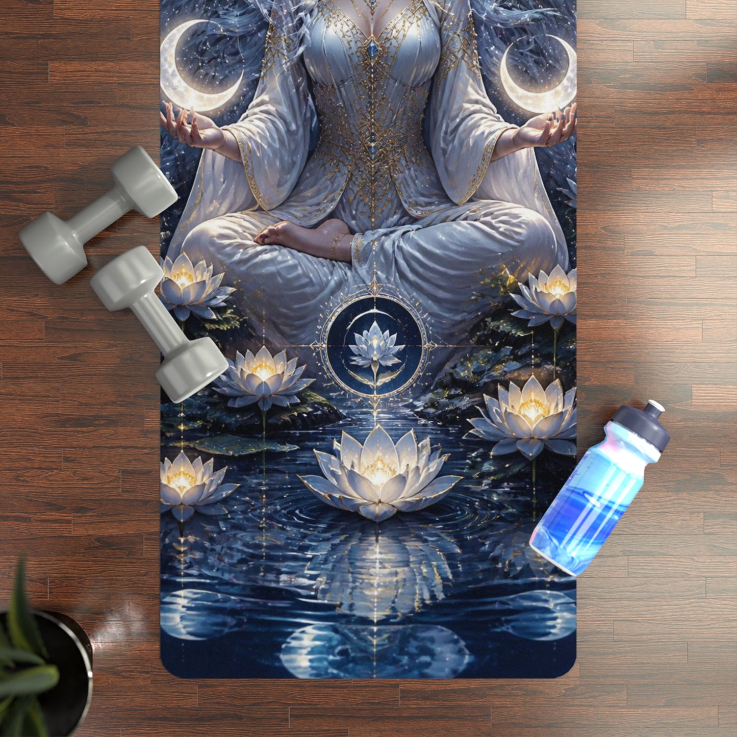 Moon Goddess Meditation Rubber Yoga Mat | Celestial Lotus Chakra Design Printify