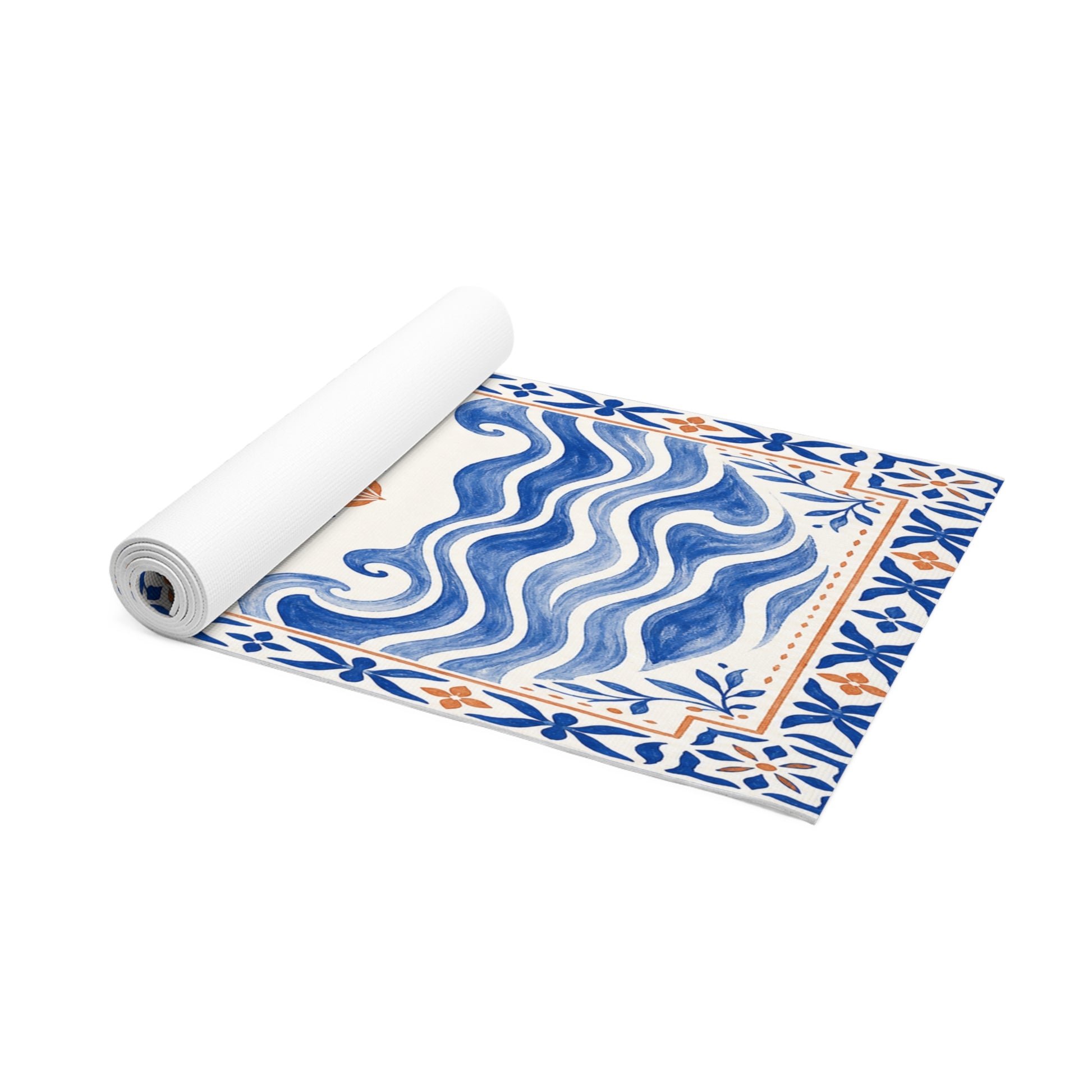 Mediterranean tile design foam yoga mat with sun and waves pattern, perfect for home decor and yoga practice.