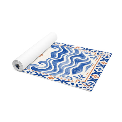 Mediterranean tile design foam yoga mat with sun and waves pattern, perfect for home decor and yoga practice.