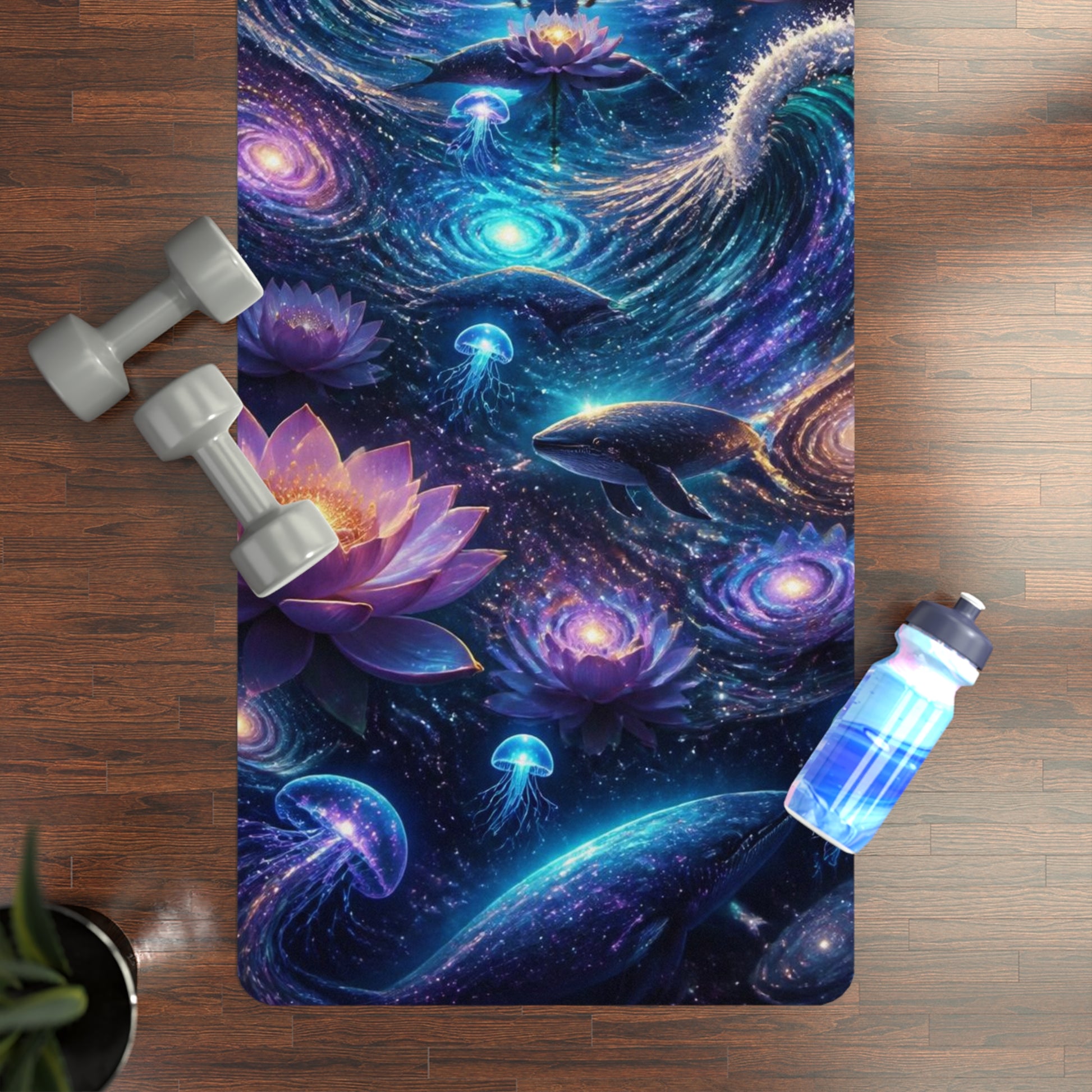 Meditation Moonlight Scene Rubber Yoga Mat | Cosmic Lotus, Ocean Waves Printify