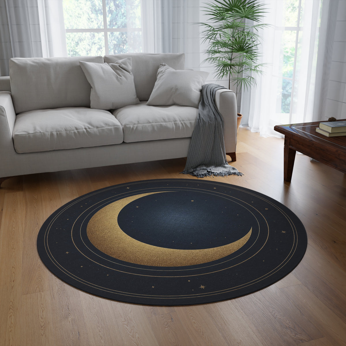 Gold Crescent Moon Round Rug | Celestial Night Sky Floor Mat Printify