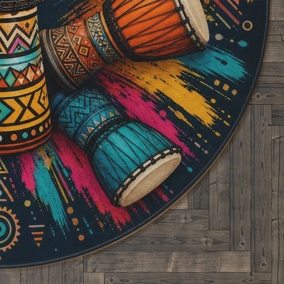Colorful Djembe Drum Mandala Round Rug | Boho Tribal Drumming Floor Mat Printify