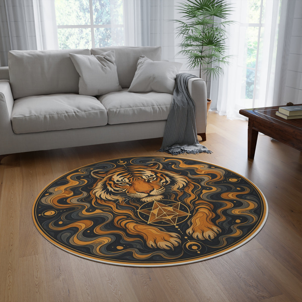 Mystic Tiger Mandala Round Rug | Geometric Spiritual Decor Printify