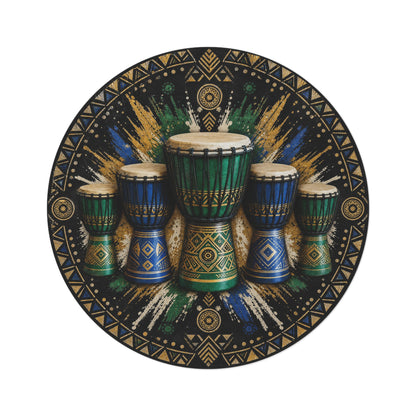 African Djembe Drum Pattern Round Rug | Tribal Percussion Boho Floor Mat Printify