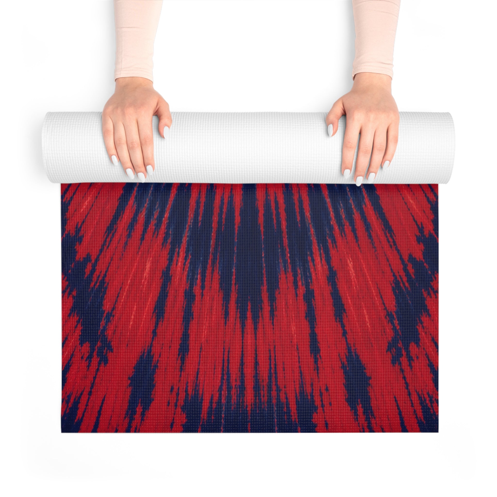 Yoga Love script heart Foam Yoga Mat | red navy tie-dye