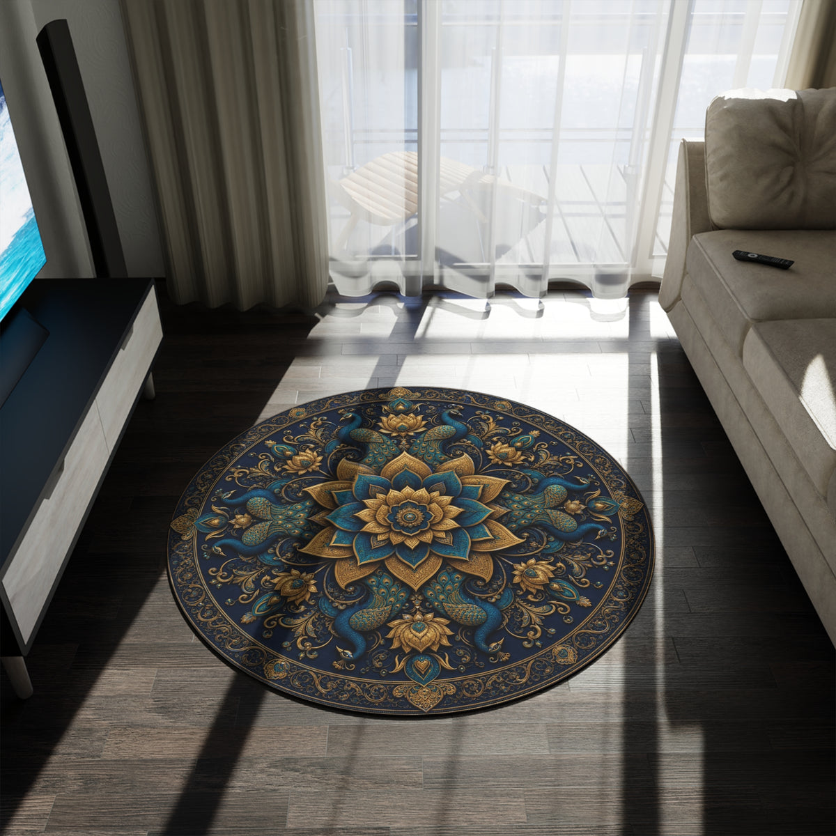 Teal Gold Mandala Round Rug | Boho Floral Floor Decor Printify