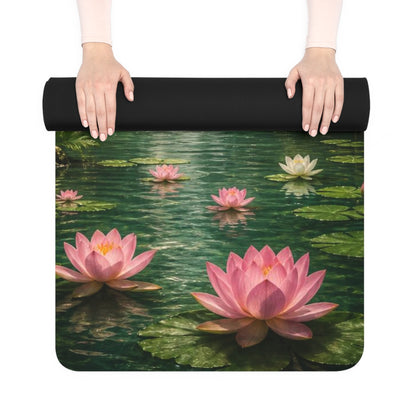 Waterfall Lotus Scene Rubber Yoga Mat | Tropical Serenity, Floral Meditation - Best Yoga Mats for Home Workouts