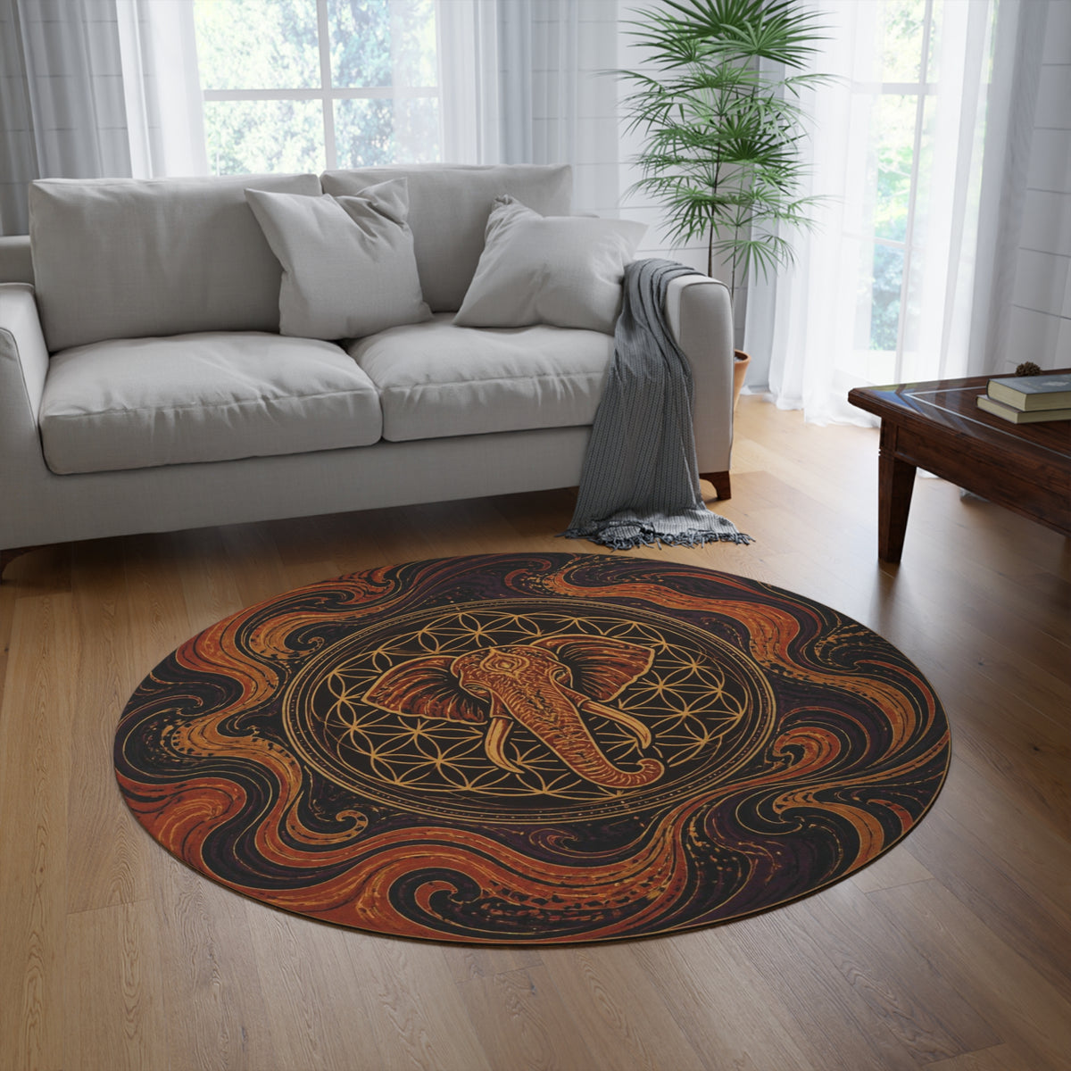 Sacred Geometry Elephant Round Rug | Boho Mandala Floor Mat Printify