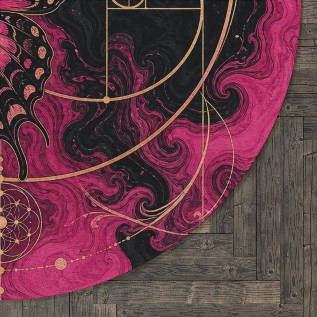 Pink Butterfly Fibonacci Round Rug | Mystic Floral Geometric Accent Printify