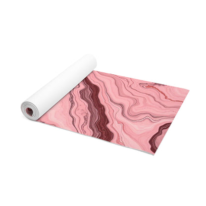 Pink marble swirl foam yoga mat with pink agate pattern, ideal for home decor and yoga practice.