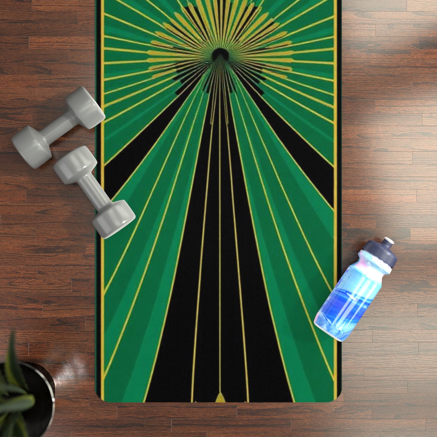 Green Art Deco Fan Rubber Yoga Mat | Geometric Sunburst Design - Best Yoga Mats for Home Workouts