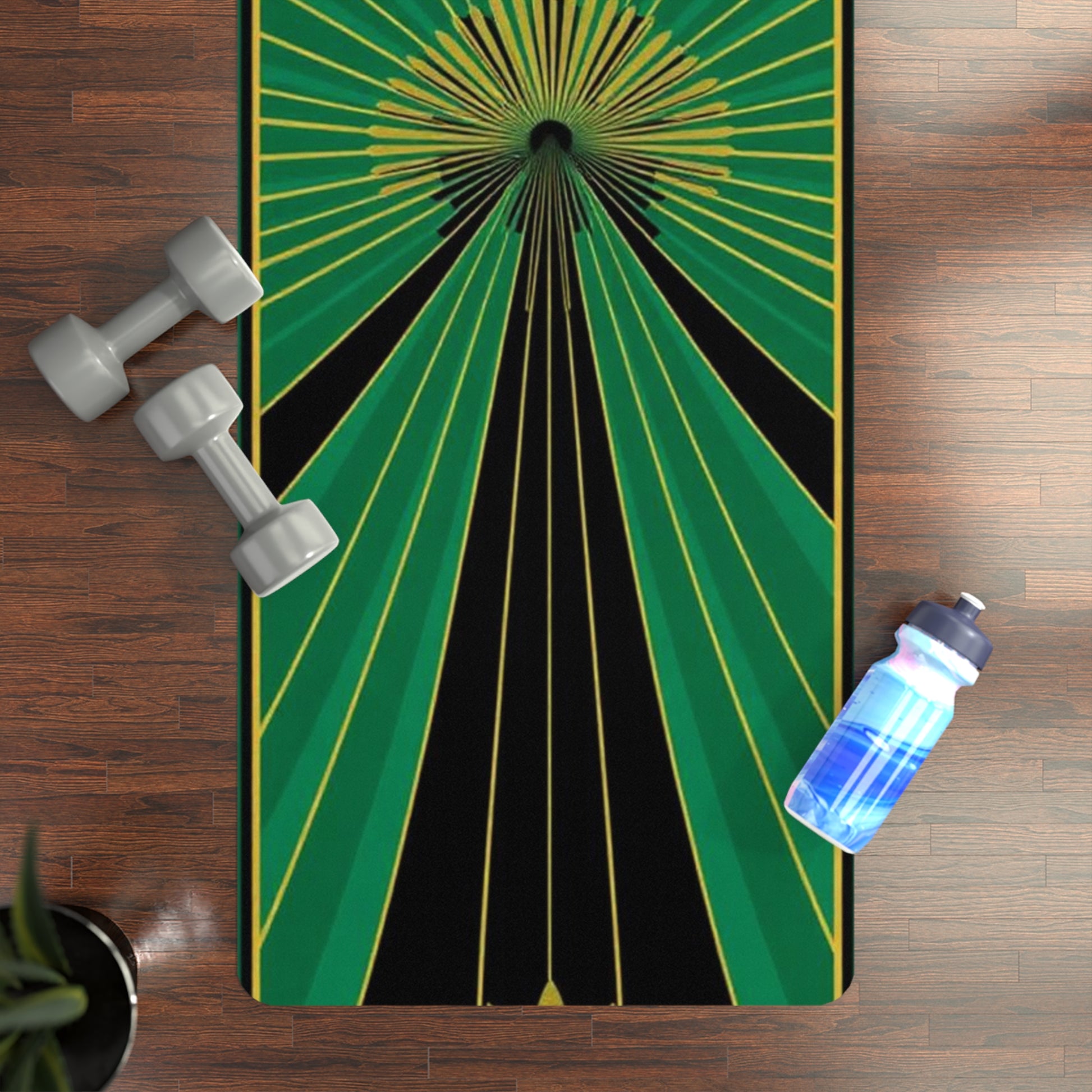 Green Art Deco Fan Rubber Yoga Mat | Geometric Sunburst Design - Best Yoga Mats for Home Workouts