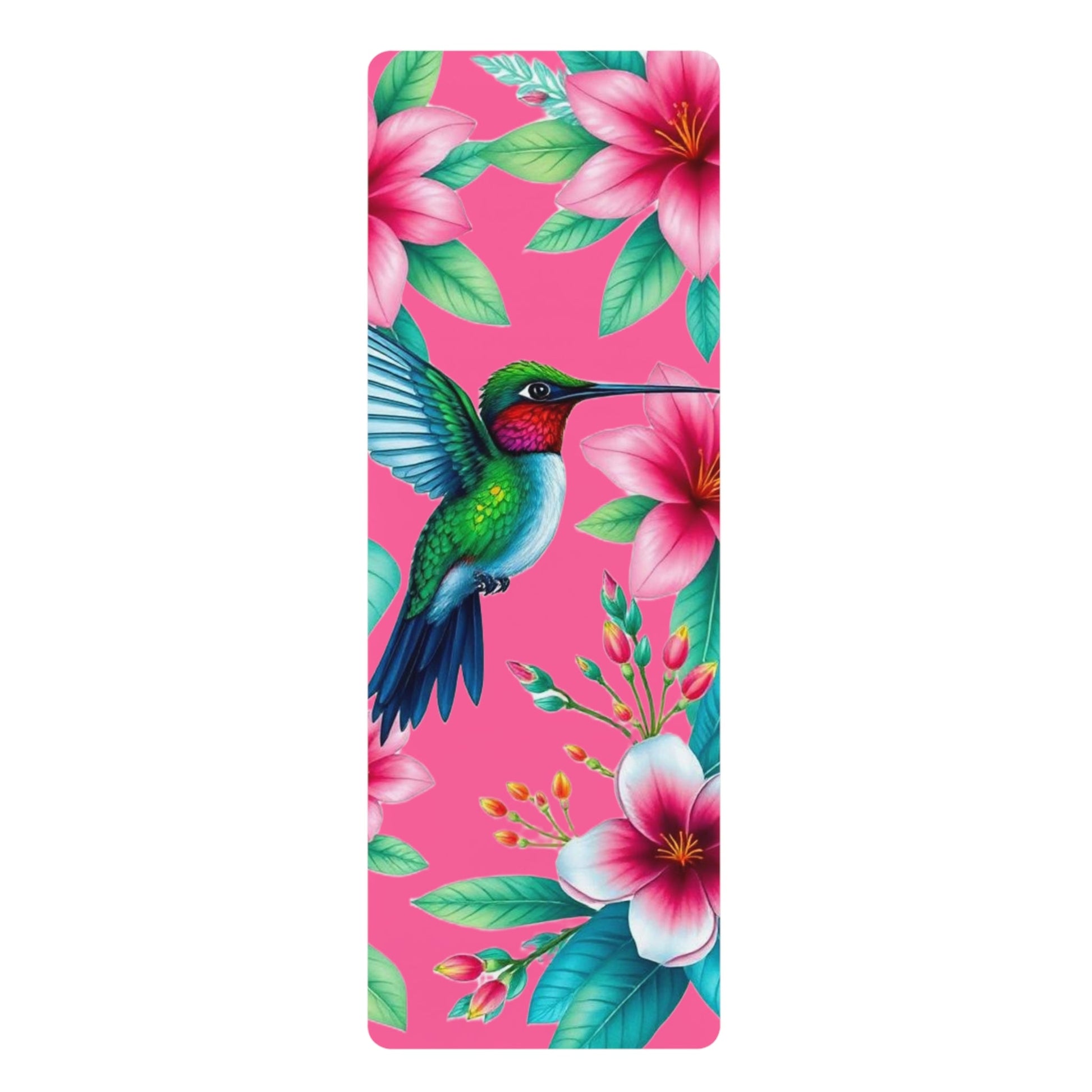 Hummingbird Floral Rubber Yoga Mat | Tropical Flowers, Pink Background - Best Yoga Mats for Home Workouts