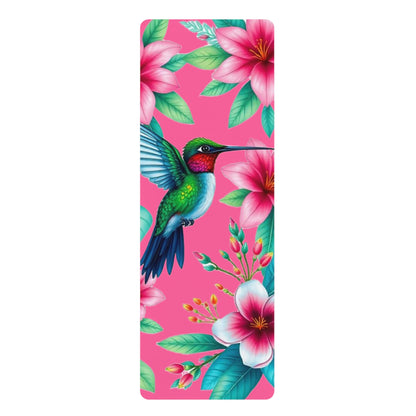 Hummingbird Floral Rubber Yoga Mat | Tropical Flowers, Pink Background - Best Yoga Mats for Home Workouts