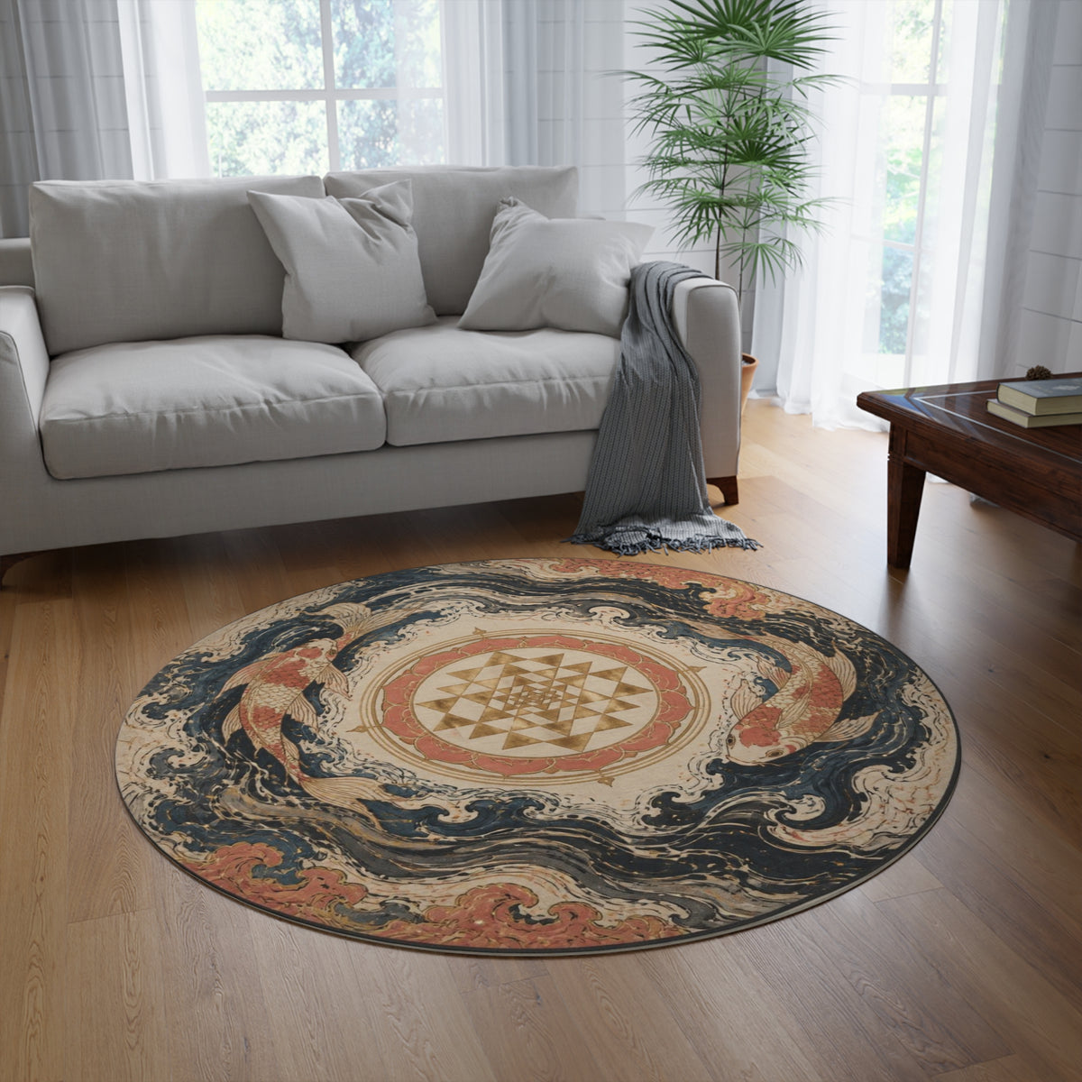 Koi Fish Mandala Round Rug | Asian Zen Symbol, Wave Pattern Printify