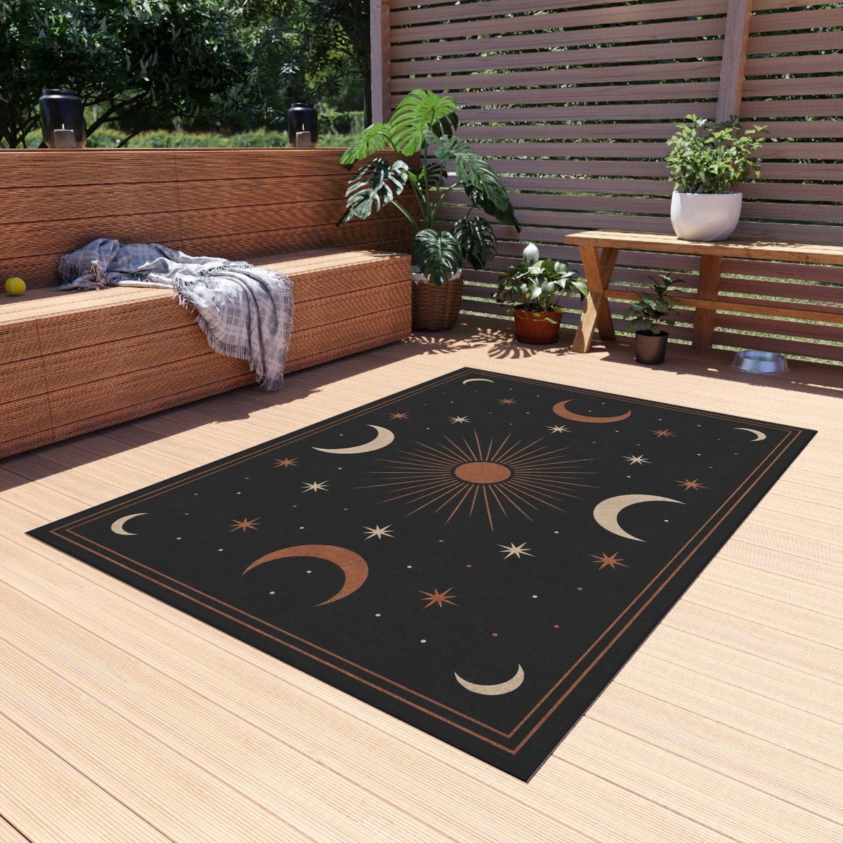 Celestial Moon Phases Outdoor Rug | Sun and Stars Patio Mat Printify