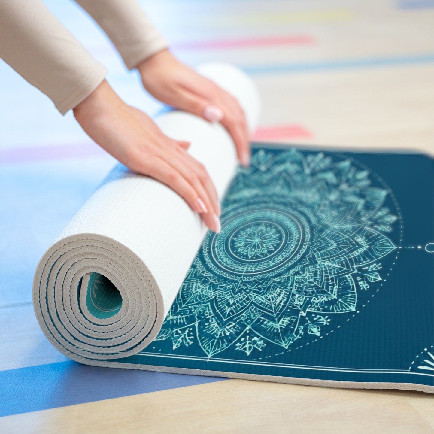 Teal Mandala Foam Yoga Mat | Meditation Spiral Alignment Printify