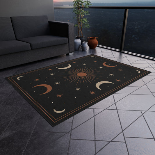 Celestial Moon Phases Outdoor Rug | Sun and Stars Patio Mat Printify