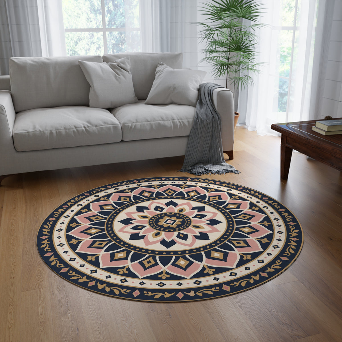 Boho Mandala Round Rug | Floral Geometric Accent Rug, Neutral Pink Navy Printify
