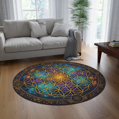 Flower of Life Mandala Round Rug | Cosmic Geometric Tapestry Printify