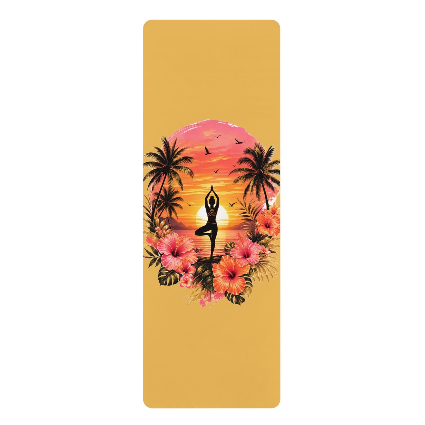 Sunset Yoga Pose Rubber Yoga Mat | Tropical Palm Hibiscus Design - Best Yoga Mats for Home Workouts