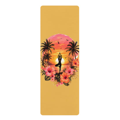 Sunset Yoga Pose Rubber Yoga Mat | Tropical Palm Hibiscus Design - Best Yoga Mats for Home Workouts