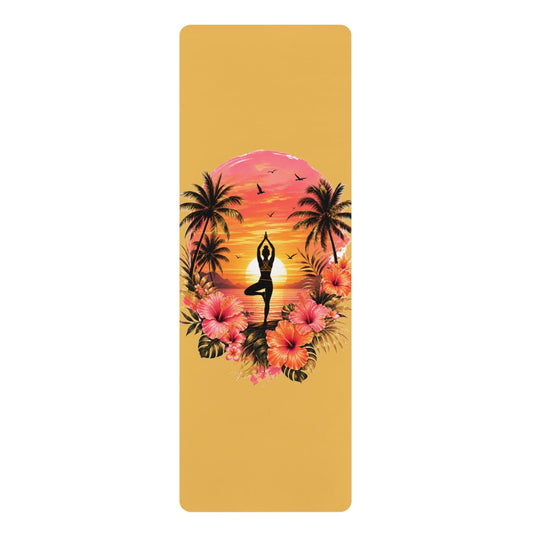 Sunset Yoga Pose Rubber Yoga Mat | Tropical Palm Hibiscus Design - Best Yoga Mats for Home Workouts