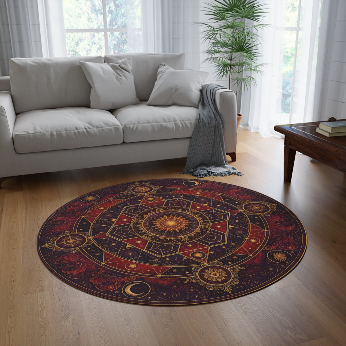 Celestial Mandala Round Rug | Sun Moon Geometric Boho Décor Printify