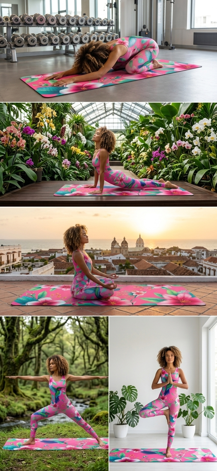 Hummingbird Floral Rubber Yoga Mat | Tropical Flowers, Pink Background - Best Yoga Mats for Home Workouts